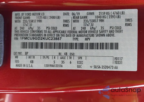 2019 Ford Escape Se from USA, damaged, VIN 1FMCU9GD2KUC23887